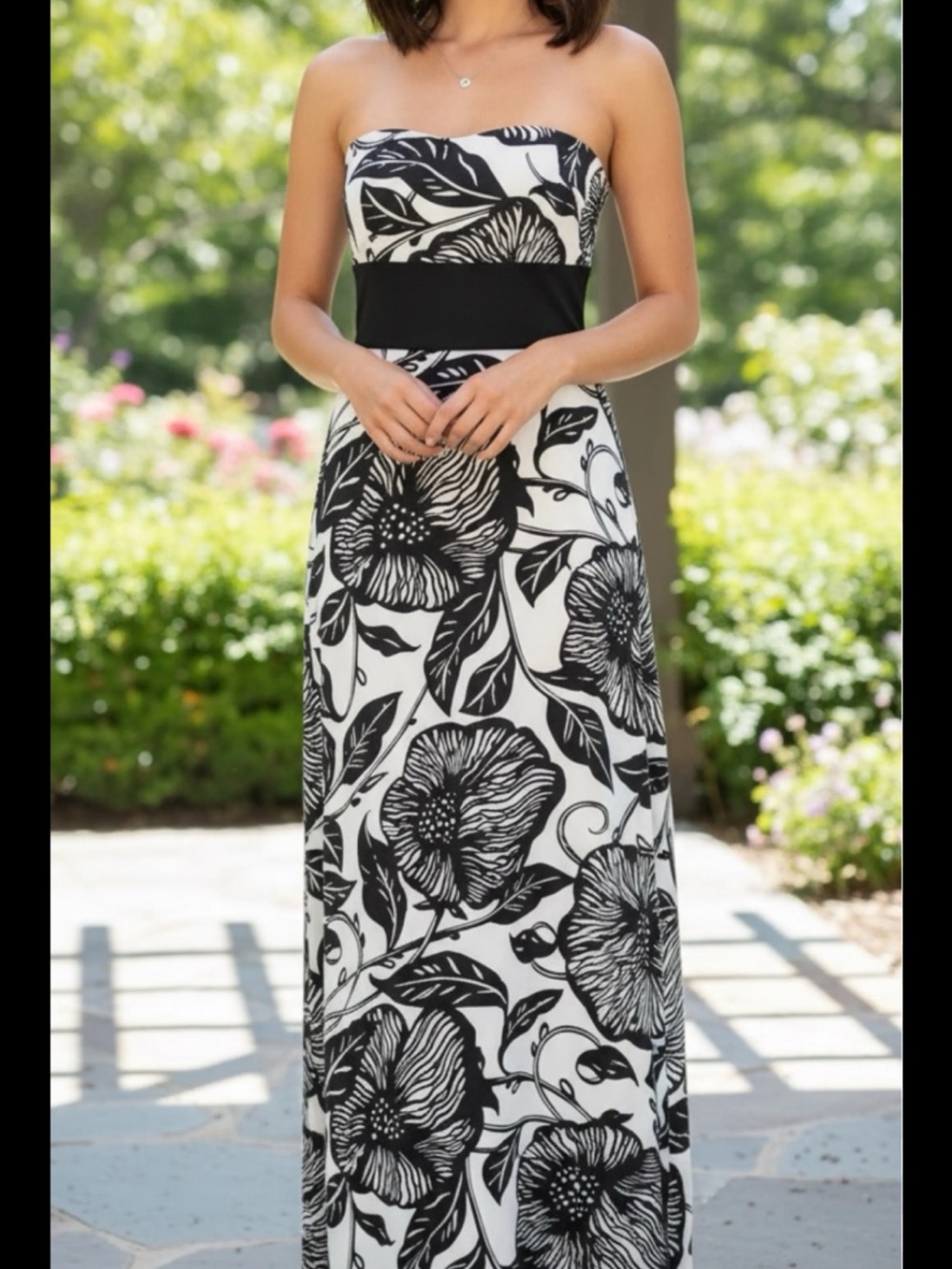 White House Black Market Black and White Strapless Floral Maxi Dress